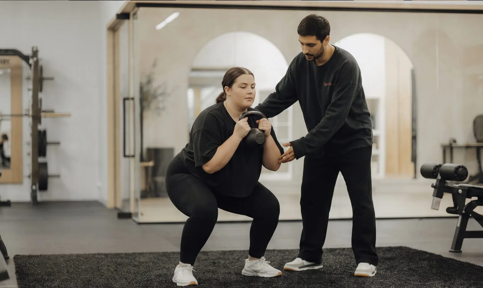 Guiding a goblet squat on the training floor, one of many ways to train with Coach Santi in Costa Mesa