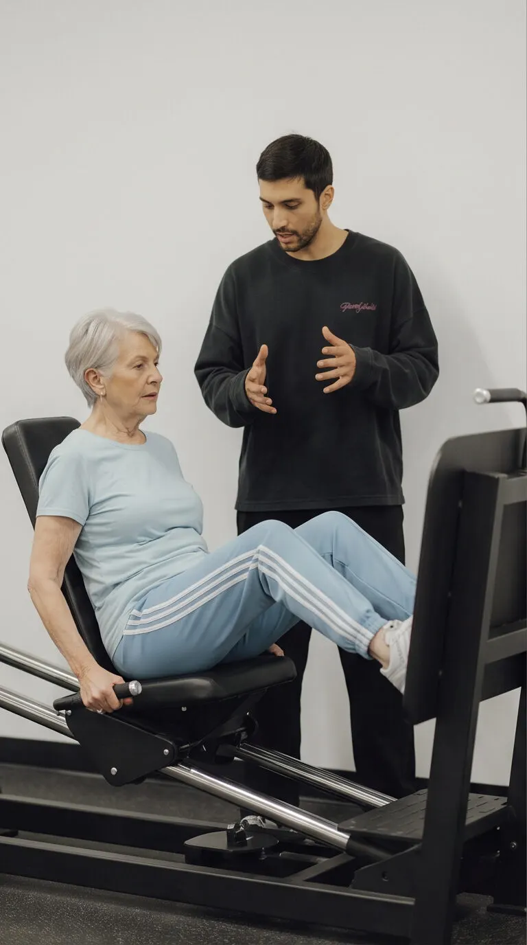 Coach Santi talking through a leg press setup, the kind of patient walkthrough that starts with a free consult