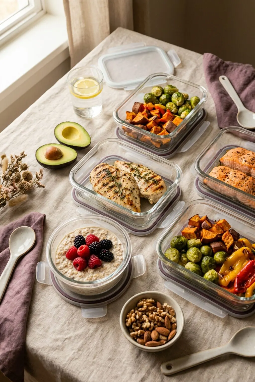 Meal prep containers, overnight oats with berries, and fresh vegetables laid out for nutrition coaching clients in Costa Mesa